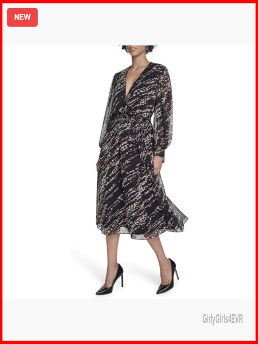 V-Neck Long Sleeve Chiffon Midi Dress - Floral Sheath - Picture 3 of 5
